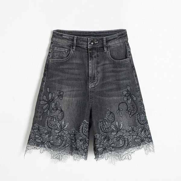 Asymmetric Heavy Embroidered Denim Shorts
