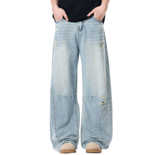Whisker Barrel-Leg Ripped Denim Pants