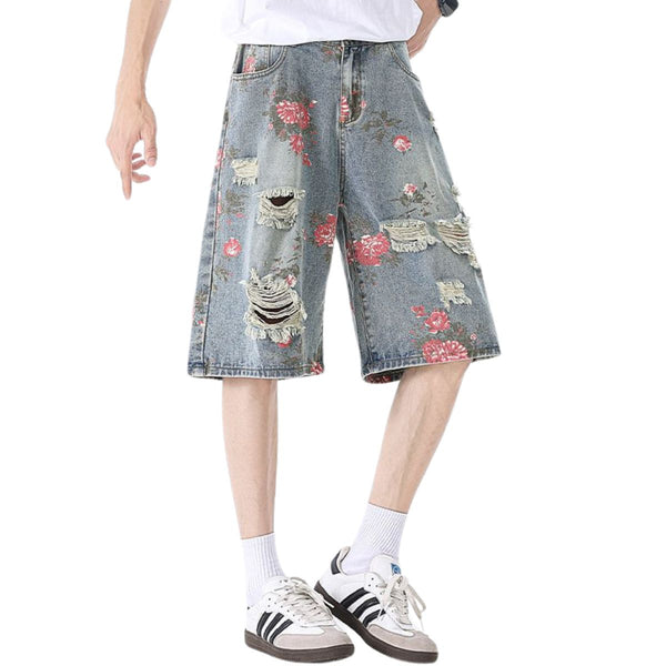 Floral Print Ripped Bermuda Denim Shorts