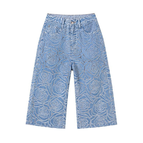 Floral Lace-Cut Cropped Denim Pants