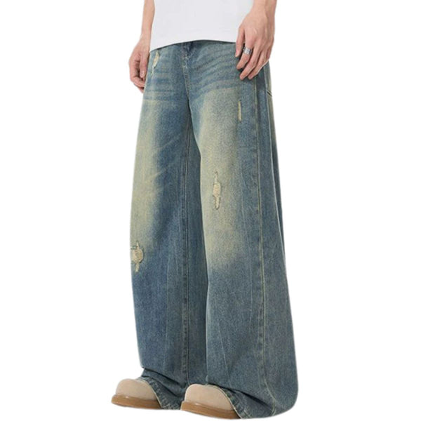 Whisker Straight-Leg Ripped Denim Jeans