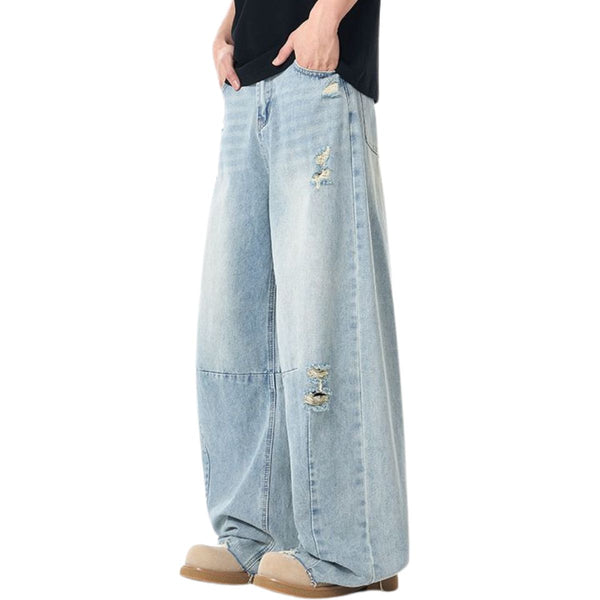 Whisker Barrel-Leg Ripped Denim Pants