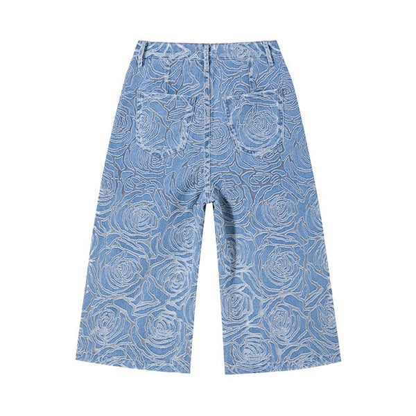 Floral Lace-Cut Cropped Denim Pants