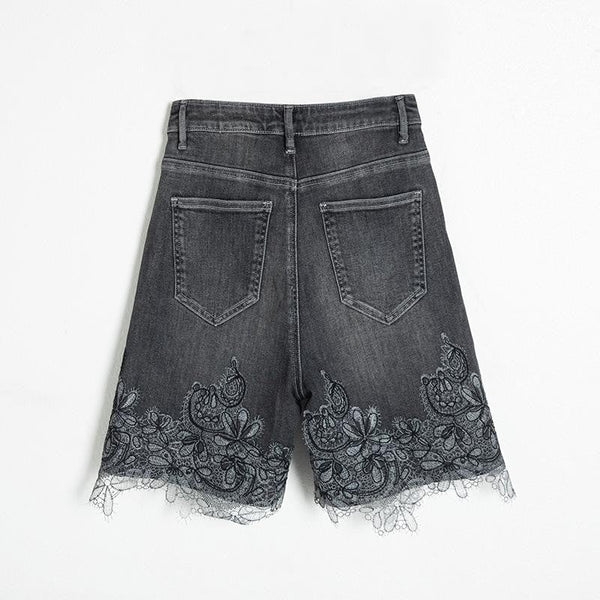 Asymmetric Heavy Embroidered Denim Shorts