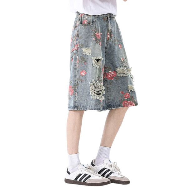Floral Print Ripped Bermuda Denim Shorts
