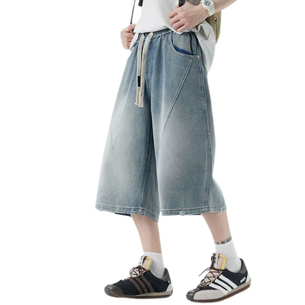 Cropped Wide-Leg Distressed Denim Pants