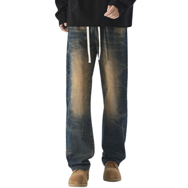 Drawstring Waist Vintage Washed Denim Jeans