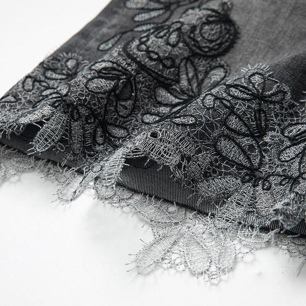 Asymmetric Heavy Embroidered Denim Shorts