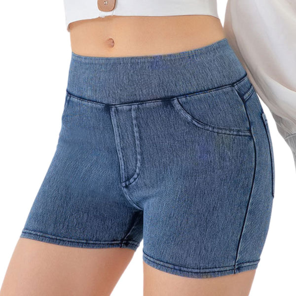 Mid-Waisted Washed Knit Denim Shorts