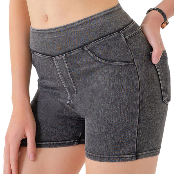 Mid-Waisted Washed Knit Denim Shorts