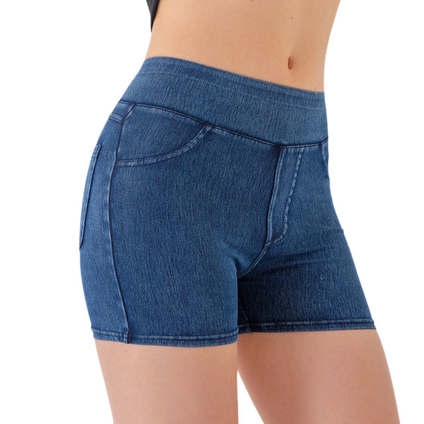 Mid-Waisted Washed Knit Denim Shorts