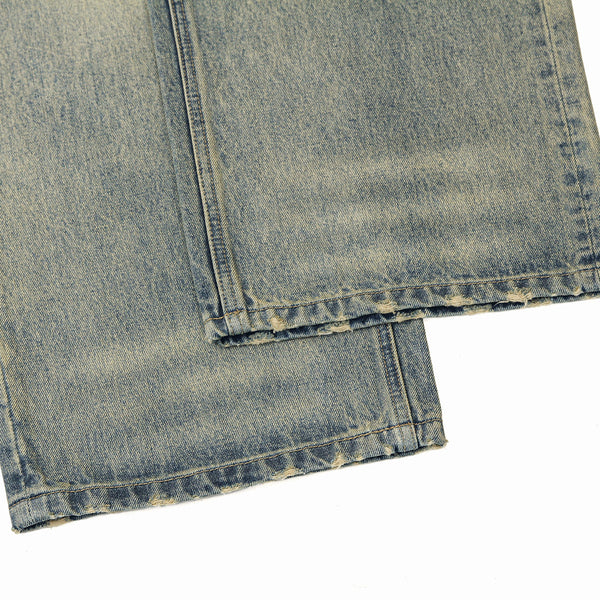 Vintage Wash Distressed Wide-Leg Jeans