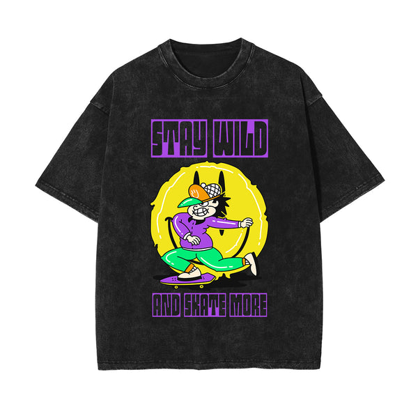 Stay Wild Graffiti Cartoon Graphic Washed Tee-INNBLAC
