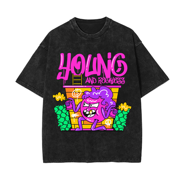 Young Graffiti Cartoon Graphic Washed Tee-INNBLAC