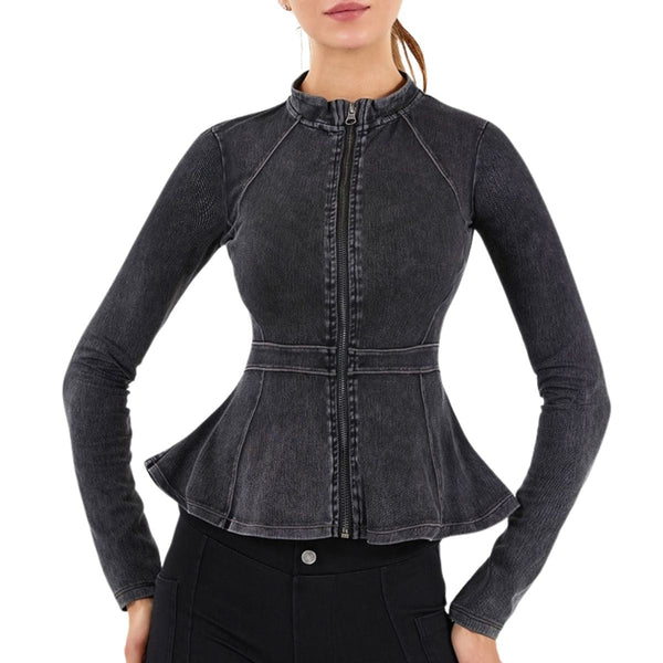 Zip-Front Washed Knit Denim Peplum Jacket