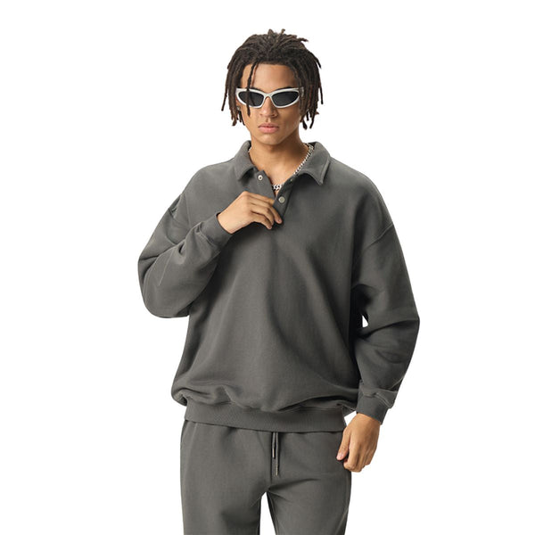 Solid Color Fleece Polo Collar Sweatshirt