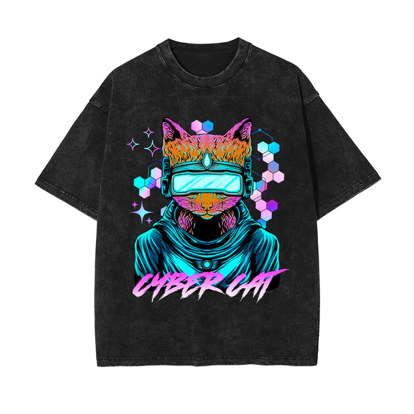 Cyber Cat Graphic Washed Tee-INNBLAC