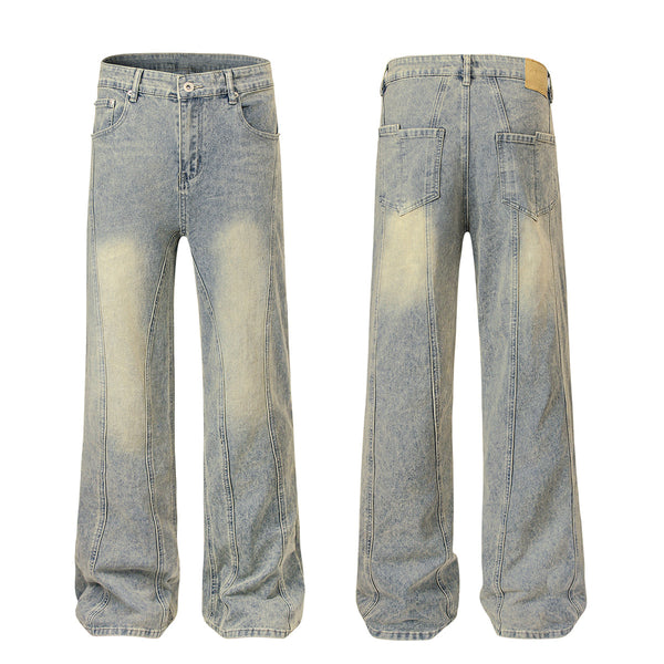 Muddy-Wash Faded Panel-Stitch Jeans