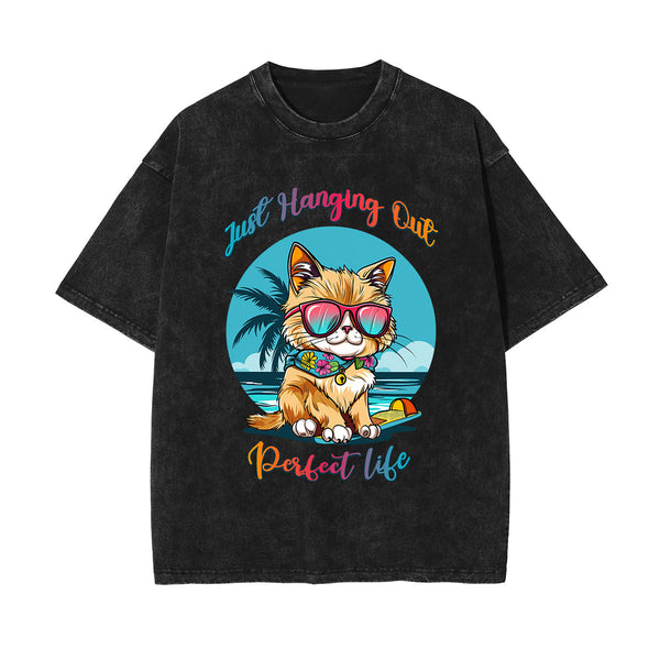 Cute Cat Stone Wash Graphic Tee-INNBLAC