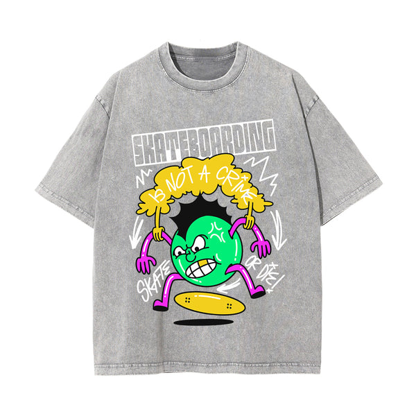 Skateboarding Graffiti Cartoon Washed Tee-INNBLAC