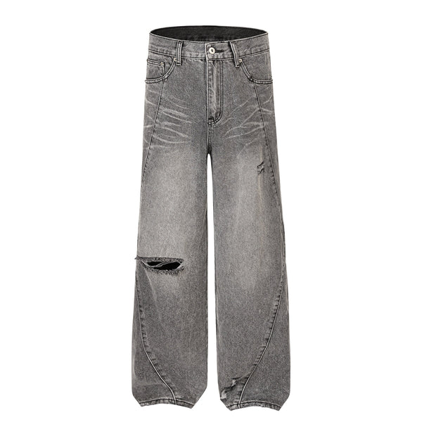 Smoky Gray Distressed Wide-Leg Jeans
