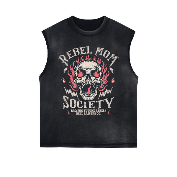 Rebel Mom Society Skull Graphic Sleeveless Faded Tee-INNBLAC