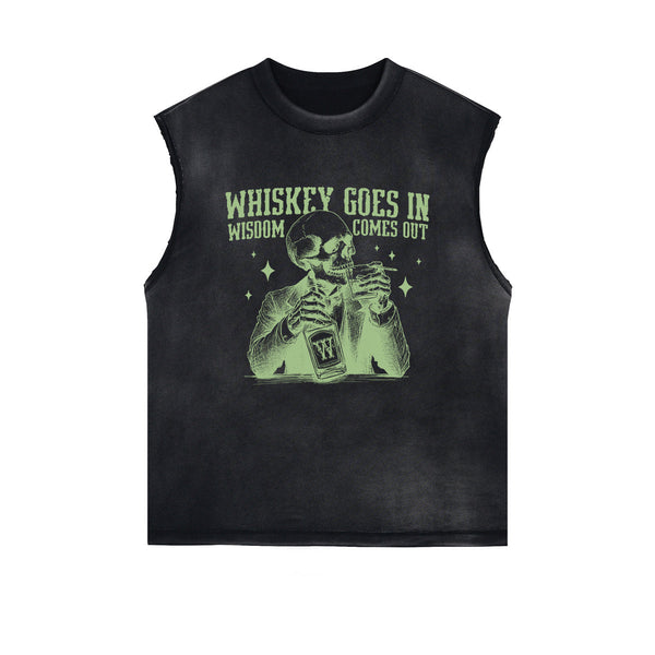 Skull Whiskey Goes In Wisdom Sleeveless Faded Tee-INNBLAC