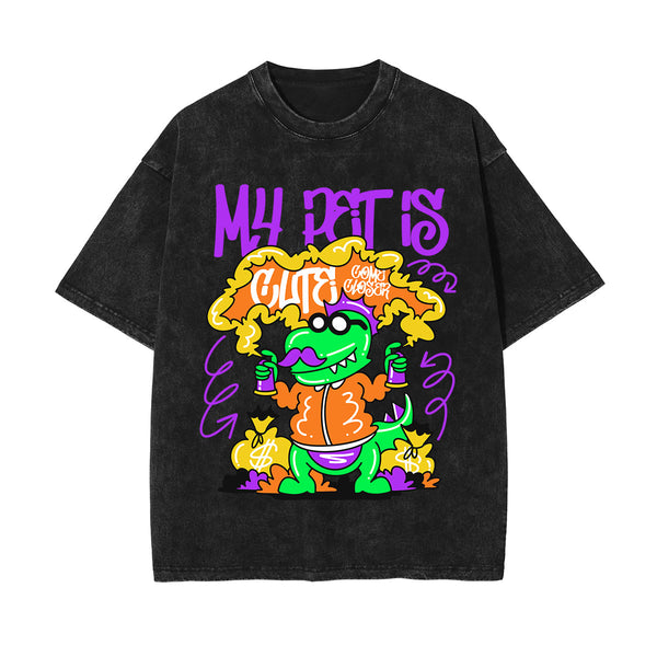 My Pet Dinosaur Graffiti Cartoon Washed Tee-INNBLAC