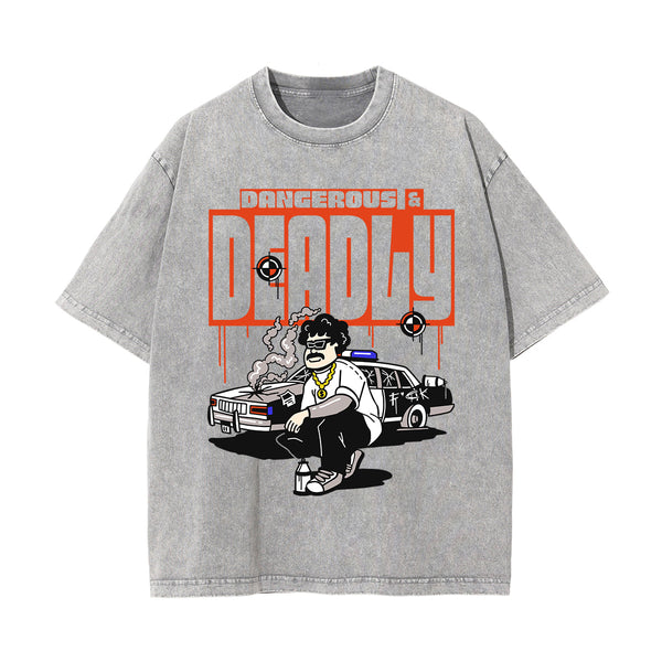 Graffiti Cartoon Stone Wash Graphic Tee-INNBLAC