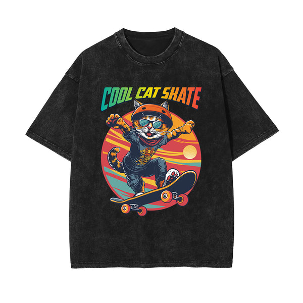 Cute Cat Stone Wash Graphic Tee-INNBLAC