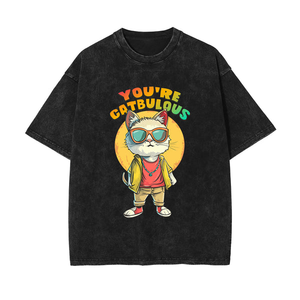 Cute Cat Stone Wash Graphic Tee-INNBLAC