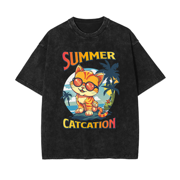 Cute Cat Stone Wash Graphic Tee-INNBLAC