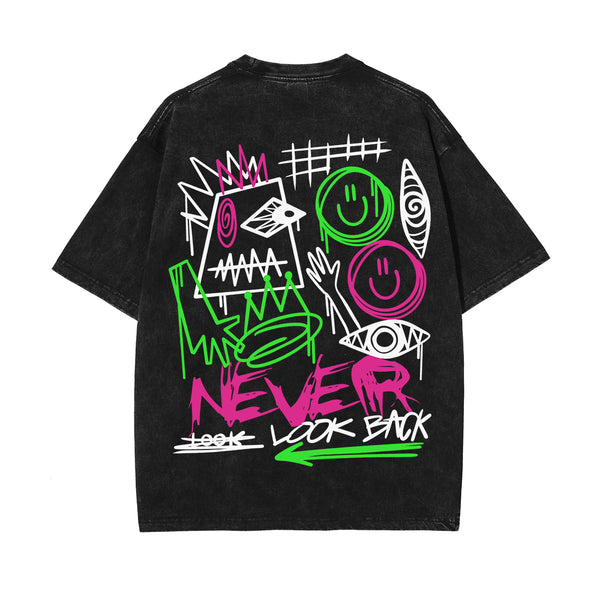 Never Look Back Graffiti Graphic Washed Tee-INNBLAC
