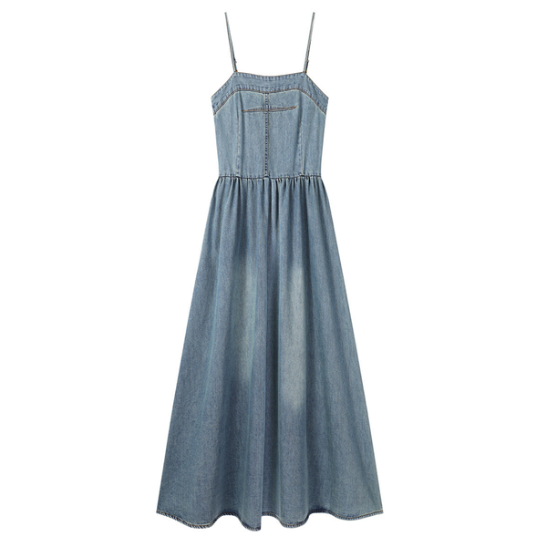 A-Line Denim Spaghetti-Strap Midi Dress
