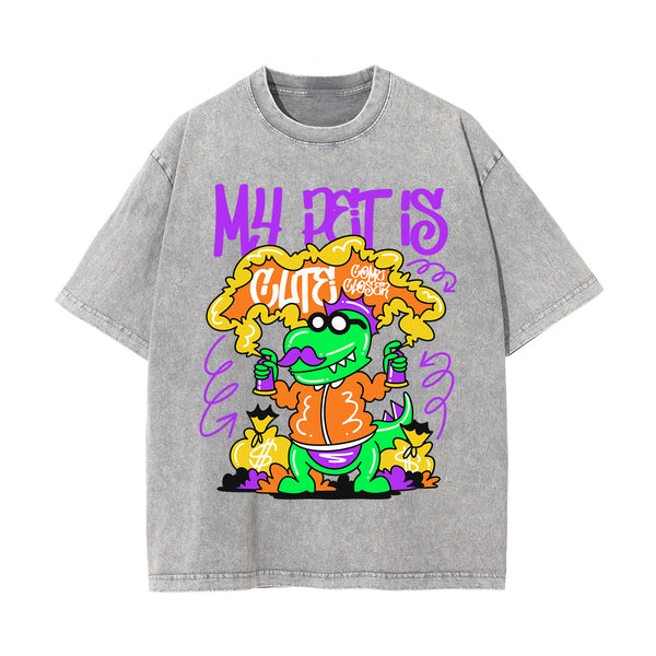 My Pet Dinosaur Graffiti Cartoon Washed Tee-INNBLAC