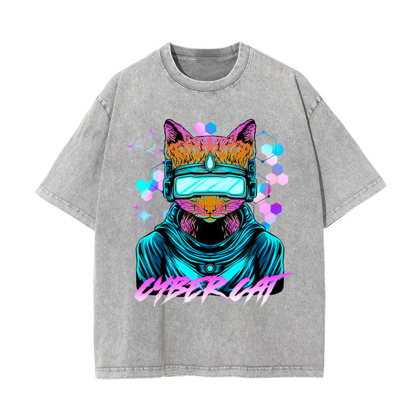 Cyber Cat Graphic Washed Tee-INNBLAC