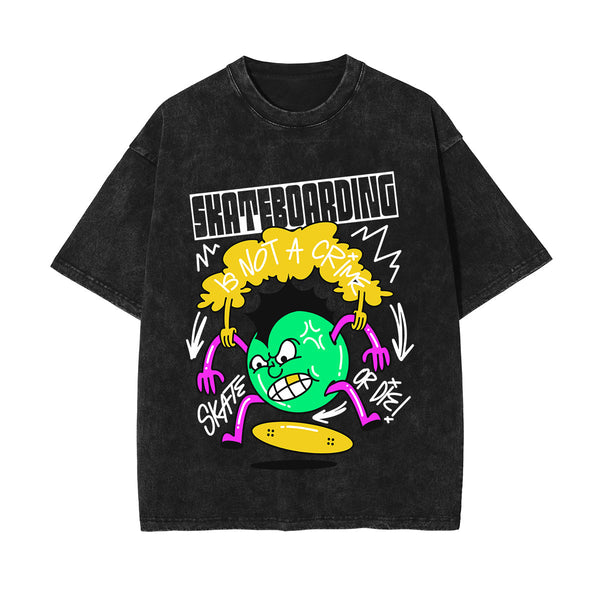 Skateboarding Graffiti Cartoon Washed Tee-INNBLAC