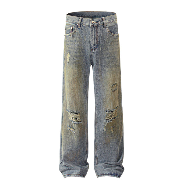 Blue Wash Distressed Ripped Wide-Leg Jeans