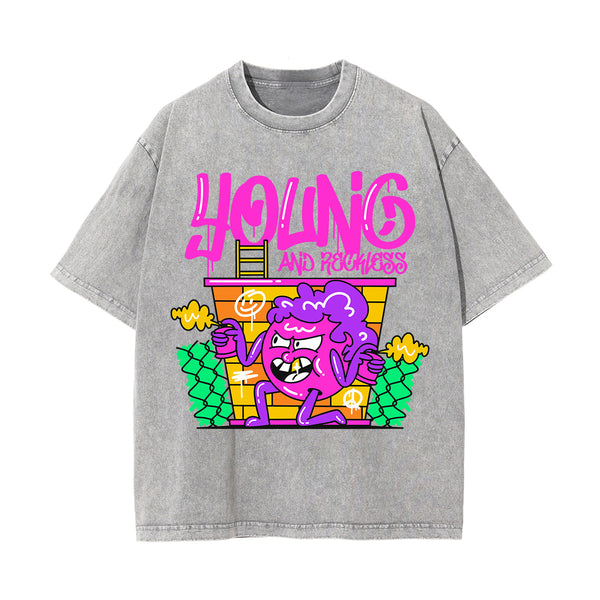 Young Graffiti Cartoon Graphic Washed Tee-INNBLAC