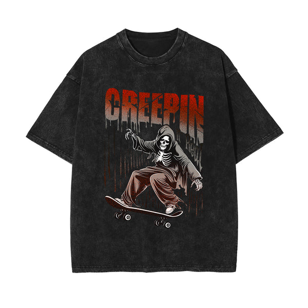 Skeleton Skate Stone Wash Graphic Tee-INNBLAC