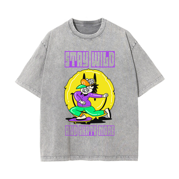 Stay Wild Graffiti Cartoon Graphic Washed Tee-INNBLAC