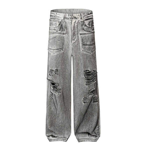 Acid Wash Destroyed Wide-Leg Jeans