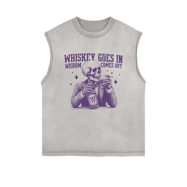 Skull Whiskey Goes In Wisdom Sleeveless Faded Tee-INNBLAC