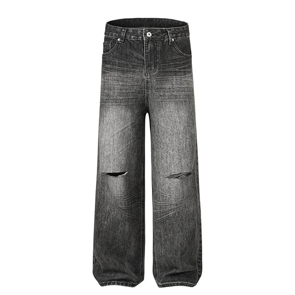 Gradient Fade Knee-Ripped Baggy Jeans