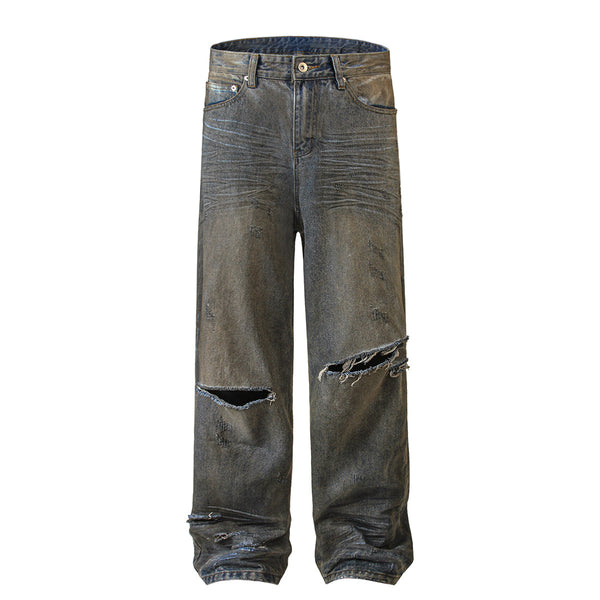 Wrinkle Wash Heavy Ripped Denim Pants
