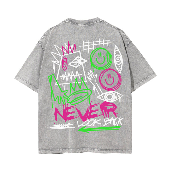 Never Look Back Graffiti Graphic Washed Tee-INNBLAC