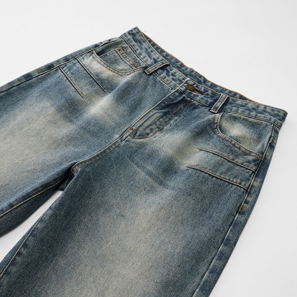 Washed Straight Leg Denim Pants-INNBLAC