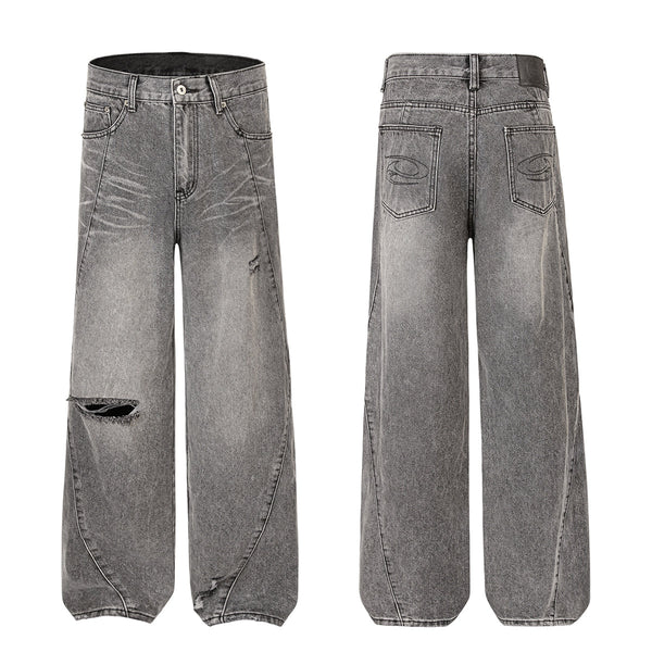 Smoky Gray Distressed Wide-Leg Jeans