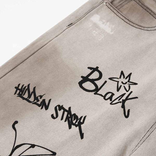 Graffiti Print Washed Wide-Leg Jeans