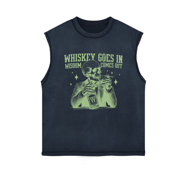 Skull Whiskey Goes In Wisdom Sleeveless Faded Tee-INNBLAC